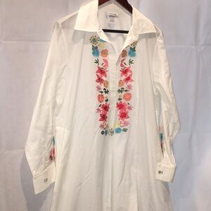 Natori White Cotton Embroidered Gown | Lomh Sleeve Embroidered Shirt Dress | M